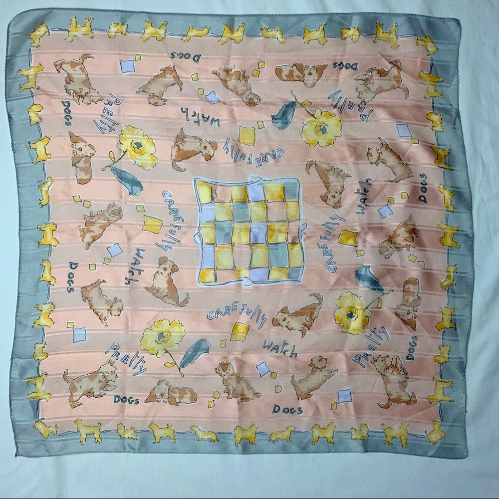 Dog pattern silk scarf pink, gray border, stitched